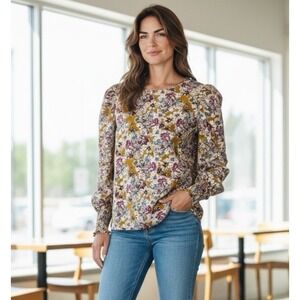 Pleone‎ Women's XS Popover Blouse Balloon Smocked Cuff Sleeve Gold Floral EUC